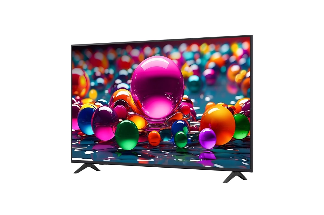 LG Телевизор LG 65UA74006LB 65'' UHD AI 4K 2025, Вид телевизора LG UHD UA74  на поворот слева в три четверти фронтальный. На скринфиле изображены стеклянные сферы., 65UA74006LB, thumbnail 5