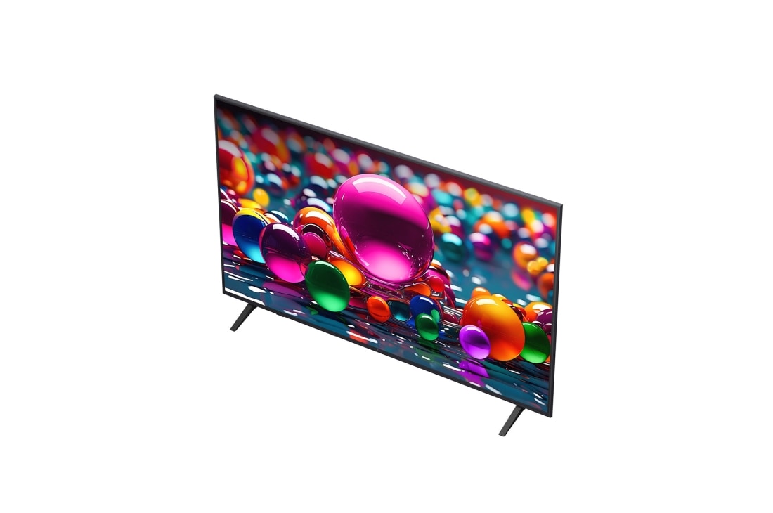 LG Телевизор LG 65UA74006LB 65'' UHD AI 4K 2025, Вид телевизора LG UHD UA74 сверху три четверти. На скринфиле изображены стеклянные сферы., 65UA74006LB, thumbnail 6