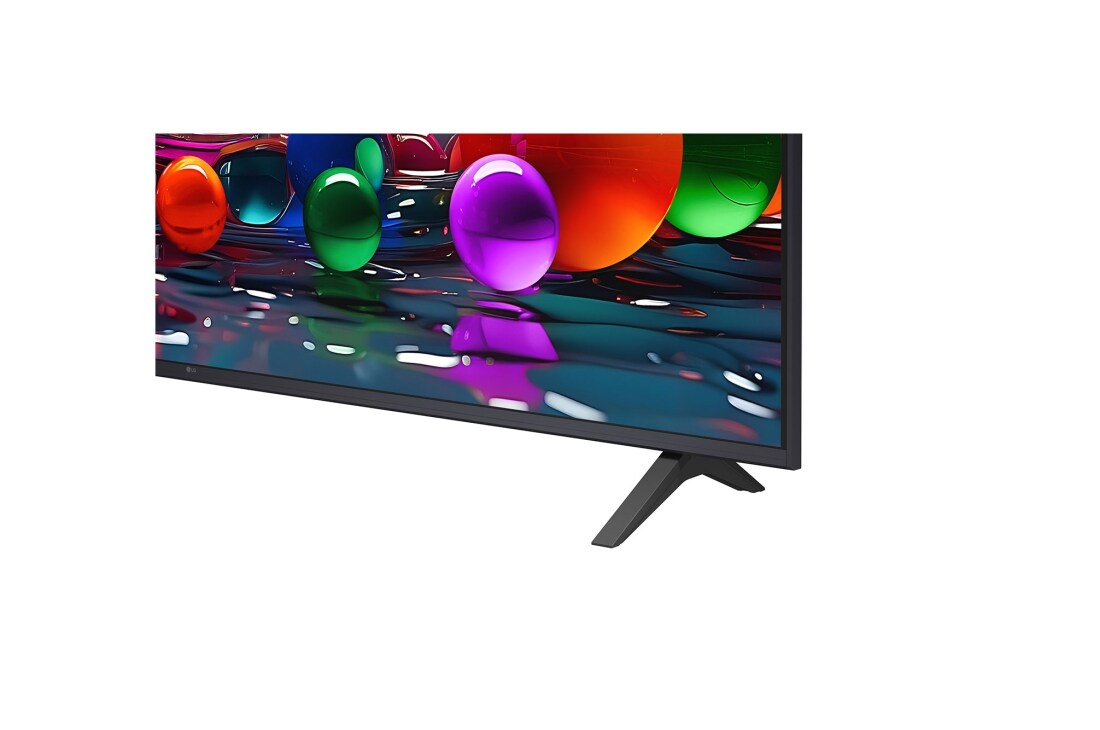 LG Телевизор LG 65UA74006LB 65'' UHD AI 4K 2025, Крупный план подставки телевизора LG UHD UA74. Видна подставка, угол телевизора с рамкой и скринфил со стеклянными сферами. , 65UA74006LB, thumbnail 8