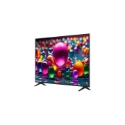 LG Телевизор LG 65UA74006LB 65'' UHD AI 4K 2025, Вид с поворота телевизора LG UHD UA74  слева с акцентом на вид рамки. На скринфиле изображены стеклянные сферы., 65UA74006LB, thumbnail 4