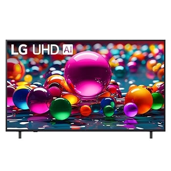 Фронтальный вид телевизора LG UHD UA74 с лого LG UHD Al в верхнем углу. На скринфиле изображены стеклянные сферы.