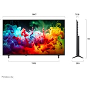 LG 65-дюймовый телевизор Смарт ТВ LG QNED AI QNED70 Mini LED 4K 2026, Телевизор LG QNED AI QNED70 Mini LED, показанный спереди и сбоку, оснащен 65-дюймовым дисплеем шириной 1447 мм, с высотой экрана 838 мм, высота с подставкой 901 мм, глубина 70,8 мм, размер основания п, 65QNED70B6C, thumbnail 2