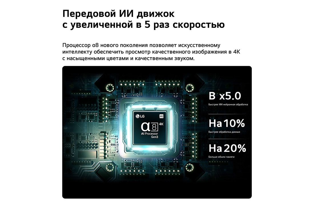 LG 65-дюймовый телевизор Smart&nbsp;TV LG QNED evo AI QNED85 Mini LED 4K 2026, Процессор alpha 8 AI 4K Gen3 телевизора LG QNED evo AI QNED85 Mini LED светится синим светом на печатной плате, подчеркивая производительность ИИ-обработки: нейронная обработка NPU в 5,0 раза быстрее,, 65QNED85B6C, thumbnail 5