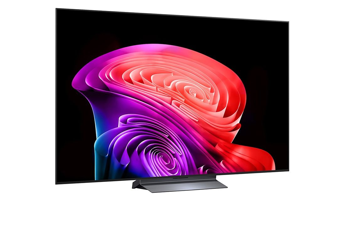 LG 65-дюймовый телевизор Смарт ТВ LG OLED AI C6 4K 2026, Телевизор LG OLED evo AI C6, показанный спереди и сбоку, оснащен 65-дюймовым дисплеем шириной 1441 мм, общая высота 826 мм, ультратонкий 45,1 мм (без подставки)., OLED65C6DLA, thumbnail 3