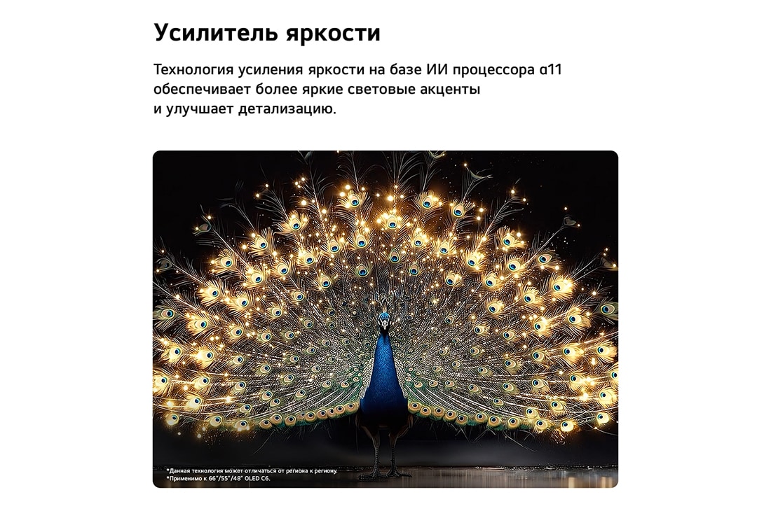LG 65-дюймовый телевизор Смарт ТВ LG OLED AI C6 4K 2026, LG OLED evo AI C6 с технологией Brightness Booster показывает темную сцену, где ярко освещенный павлин распускает светящиеся перья, с более яркими светлыми участками с улучшенной детализацией и порази, OLED65C6DLA, thumbnail 9