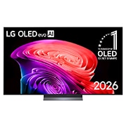 LG 65-дюймовый телевизор Смарт ТВ LG OLED AI C6 4K 2026, Фронтальный вид телевизора LG OLED evo AI C6, выпущенного в 2026&nbsp;году: тонкая черная рамка и яркий рельефный вихрь многослойных радужных тонов, перетекающий по экрану., OLED65C6DLA, thumbnail 1