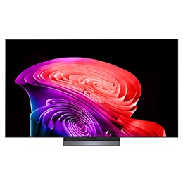 Фронтальный вид на телевизор LG OLED AI B6, выпущенный в 2026 году, отличается тонкой черной рамкой и ярким скульптурным изображением насыщенных многослойных разноцветных форм, заполняющих экран.2