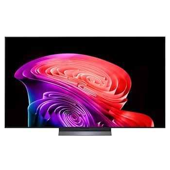 Фронтальный вид на телевизор LG OLED AI B6, выпущенный в 2026 году, отличается тонкой черной рамкой и ярким скульптурным изображением насыщенных многослойных разноцветных форм, заполняющих экран.1