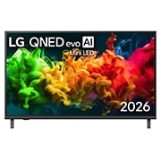 LG 43-дюймовый телевизор Smart&nbsp;TV LG QNED evo AI QNED80 Mini LED 4K 2026, Вид спереди на телевизор LG QNED evo AI QNED80 Mini LED, выпущенный в 2026 году, показывает экран, заполненный яркими, плавными всплесками разных цветов в движении, богато наслоенные цвета плавно раст, 43QNED80B6B, thumbnail 1