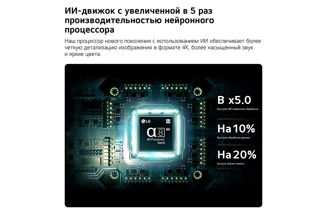 LG 86-дюймовый телевизор Смарт ТВ LG Mini RGB evo AI MRGB86 4K&nbsp;, ИИ процессору  a8 4K третьего поколения в LG Mini RGB evo AI MRGB85 светится голубым светом на печатной плате, подчеркивая производительность обработки ИИ: NPU до 5,0 раз быстрее, процессор на 10% быс, 86MRGB86B6A, thumbnail 6