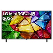 LG 86-дюймовый телевизор Смарт ТВ LG Mini RGB evo AI MRGB86 4K&nbsp;, Вид спереди на телевизор LG Mini RGB evo AI MRGB85 выпуска 2026 года: тонкая черная рамка на маленькой подставке и яркое кристаллическое изображение с четко очерченными разноцветными гранями, заполняю, 86MRGB86B6A, thumbnail 1