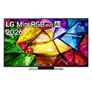 LG 86-дюймовый телевизор Смарт ТВ LG Mini RGB evo AI MRGB86 4K&nbsp;, Вид спереди на телевизор LG Mini RGB evo AI MRGB85 выпуска 2026 года: тонкая черная рамка на маленькой подставке и яркое кристаллическое изображение с четко очерченными разноцветными гранями, заполняю, 86MRGB86B6A, thumbnail 1