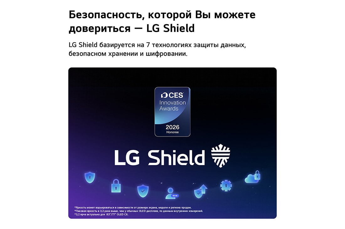 LG 100-дюймовый телевизор Smart&nbsp;TV LG Micro RGB evo AI MRGB96 4K 2026 , Система LG Shield, применяемая в LG Micro RGB evo ИИ MRGB95, показана с логотипом LG Shield в центре, значками безопасности внизу и значком премии CES Innovation Awards 2026 вверху, что символизирует , 100MRGB96B6, thumbnail 12