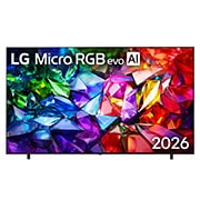 LG 100-дюймовый телевизор Smart&nbsp;TV LG Micro RGB evo AI MRGB96 4K 2026 , Вид спереди на телевизор LG Micro RGB evo ИИ+S28:S37 MRGB95 выпуска 2026 года: тонкая черная рамка на низкопрофильных ножках и яркое кристаллическое изображение с четко очерченными красными, зелеными , 100MRGB96B6, thumbnail 1