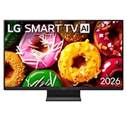 LG 24-дюймовый телевизор LG Смарт ТВ ИИ LB70 FHD 2026, Вид спереди на телевизор LG SMART TV AI LB70, выпущенный в 2026 году, на экране яркое ассорти из разноцветных пончиков подчеркивает глянцевую глазурь, текстурную посыпку и высокую детализацию по всему дисплею., 24LB70006LA, thumbnail 1