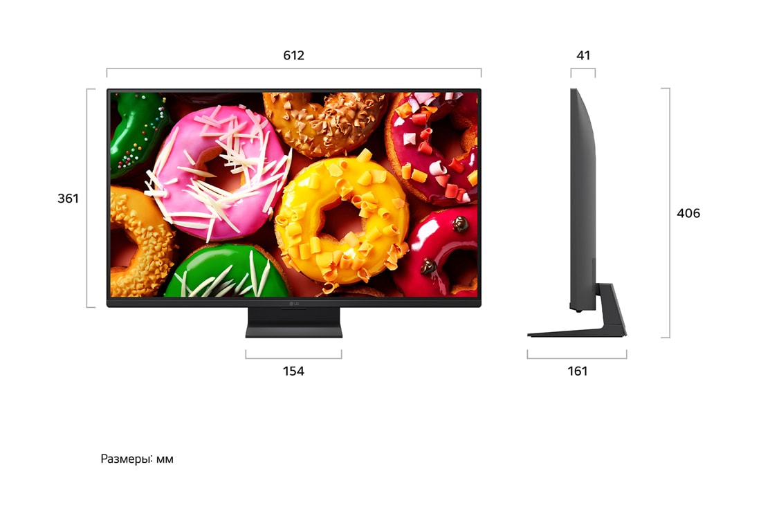 LG 27-дюймовый телевизор LG Смарт ТВ ИИ LB70 FHD 2026, Телевизор LG SMART TV AI LB70, показанный спереди и сбоку, представляет собой 27-дюймовый дисплей с шириной экрана 612 мм, высота экрана 361 мм, высота с подставкой 406 мм, глубина 41 мм, основание подставки 154 на 161&nbsp;мм., 27LB70006LA, thumbnail 3