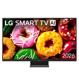 Вид спереди на телевизор LG SMART TV AI LB70, выпущенный в 2026 году, на экране яркое ассорти из разноцветных пончиков подчеркивает глянцевую глазурь, текстурную посыпку и высокую детализацию по всему2
