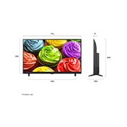 LG 32-дюймовый телевизор LG Смарт ТВ ИИ LB65 FHD 2026, Телевизор LG SMART TV AI LB65, показанный спереди и сбоку, представляет собой 32-дюймовый дисплей с шириной экрана 719 мм, высота экрана 430 мм, высота с подставкой 456 мм, глубина 71 мм, основание подставки 589 на 180 мм., 32LB650B6LA, thumbnail 2