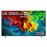 LG 85-дюймовый умный телевизор LG QNED evo AI Mini LED QNED83 4K 2026, Вид спереди на телевизор LG QNED evo AI QNED82 Mini LED, выпущенный в 2026 году, показывает экран, заполненный яркими, плавными всплесками разных цветов в движении, а плотные цветовые облака плавно ра, 85QNED83B6A, thumbnail 1