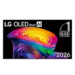 Фронтальный вид телевизора LG OLED evo AI C6, выпущенного в 2026&nbsp;году: тонкая черная рамка и яркий рельефный вихрь многослойных радужных тонов, перетекающий по экрану.