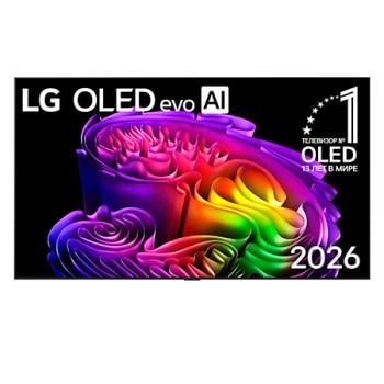 Фронтальный вид на телевизор LG OLED evo AI G6, выпущенный в 2026 году, отличается тонкой черной рамкой и ярким скульптурным изображением насыщенных многослойных разноцветных форм, заполняющих экран.1