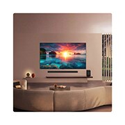 LG 97-дюймовый телевизор Смарт ТВ LG OLED evo AI G6 4K 2026, LG OLED evo AI G6 показывает яркую сцену заката над океаном, создавая спокойную и атмосферную обстановку, с расположенными под экраном звуковой панелью и динамиком., OLED97G6RLA, thumbnail 13