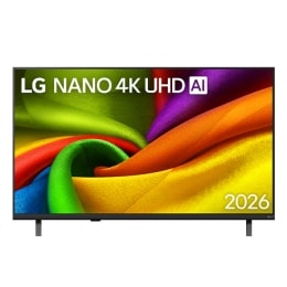 Вид спереди на LG NANO 4K UHD AI NU85, выпущенный в 2026 году: экран заполнен плавными слоями ярко окрашенных, тканеподобных текстур, а изогнутые многоцветные складки распространяются по всему дисплею2