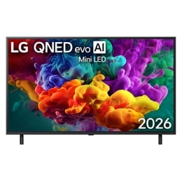 Вид спереди на телевизор LG QNED evo AI QNED85 Mini LED, выпущенный в 2026 году: яркие текучие всплески разноцветного движения, напоминающего краску, заполняют дисплей, и плотные цветовые облака плавн2