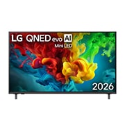LG 55-дюймовый умный телевизор LG QNED evo AI Mini LED QNED83 4K 2026, Вид спереди на телевизор LG QNED evo AI QNED82 Mini LED, выпущенный в 2026 году, показывает экран, заполненный яркими, плавными всплесками разных цветов в движении, а плотные цветовые облака плавно растекаются по дисплею., 55QNED83B6A, thumbnail 1