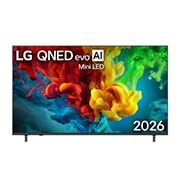 LG 65-дюймовый умный телевизор LG QNED evo AI Mini LED QNED83 4K 2026, Вид спереди на телевизор LG QNED evo AI QNED82 Mini LED, выпущенный в 2026 году, показывает экран, заполненный яркими, плавными всплесками разных цветов в движении, а плотные цветовые облака плавно растекаются по дисплею., 65QNED83B6A, thumbnail 1