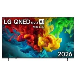 Вид спереди на телевизор LG QNED evo AI QNED82 Mini LED, выпущенный в 2026 году, показывает экран, заполненный яркими, плавными всплесками разных цветов в движении, а плотные цветовые облака плавно ра2