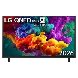 Вид спереди на телевизор LG QNED evo AI QNED85 Mini LED, выпущенный в 2026 году: яркие текучие всплески разноцветного движения, напоминающего краску, заполняют дисплей, и плотные цветовые облака плавн2
