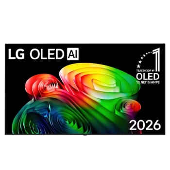 Фронтальный вид на телевизор LG OLED AI B6, выпущенный в 2026 году, отличается тонкой черной рамкой и ярким скульптурным изображением насыщенных многослойных разноцветных форм, заполняющих экран.1