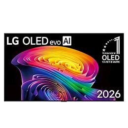 Фронтальный вид телевизора LG OLED evo AI C6, выпущенного в 2026&nbsp;году: тонкая черная рамка и яркий рельефный вихрь многослойных радужных тонов, перетекающий по экрану.