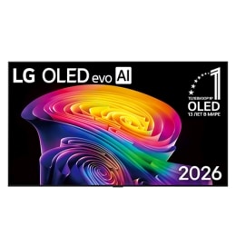 Фронтальный вид на телевизор LG OLED AI B6, выпущенный в 2026 году, отличается тонкой черной рамкой и ярким скульптурным изображением насыщенных многослойных разноцветных форм, заполняющих экран.2