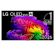 LG 55-дюймовый телевизор Смарт ТВ LG OLED evo AI G6 4K 2026, Фронтальный вид на телевизор LG OLED evo AI G6, выпущенный в 2026 году, отличается тонкой черной рамкой и ярким скульптурным изображением насыщенных многослойных разноцветных форм, заполняющих экран., OLED55G6RLA, thumbnail 1