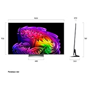 LG 55-дюймовый телевизор Смарт ТВ LG OLED evo AI G6 4K 2026, LG OLED evo AI G6, показанный спереди и сбоку, представляет собой 55-дюймовый дисплей с шириной экрана 1222 мм, высота экрана 703 мм, высота с подставкой 787 мм, глубина 27,2 мм, основание подставки 485 на 263 мм., OLED55G6RLA, thumbnail 3