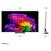 LG 77-дюймовый телевизор Смарт ТВ LG OLED evo AI G6 4K 2026, Телевизор LG OLED evo AI G6, показанный спереди и сбоку, оснащен 77-дюймовым дисплеем шириной 1712 мм, с высотой экрана 982 мм, высота с подставкой 1039 мм, глубина 24,8 мм, размер основания подставки 501 на 321 мм., OLED77G6RLA, thumbnail 3