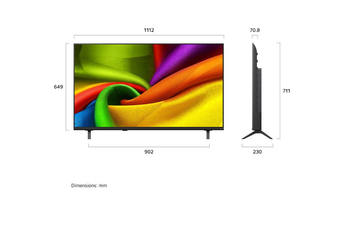 LG 50-дюймовый телевизор Smart TV LG NANO 4K UHD AI NU85 2026, LG NANO 4K UHD AI NU85, показанный спереди и сбоку, представляет собой 55-дюймовый дисплей с шириной экрана 1228 мм, высота экрана 715 мм, высота с подставкой 776 мм, глубина 70,8 мм, основание подста, 50NU850B6LA, thumbnail 2