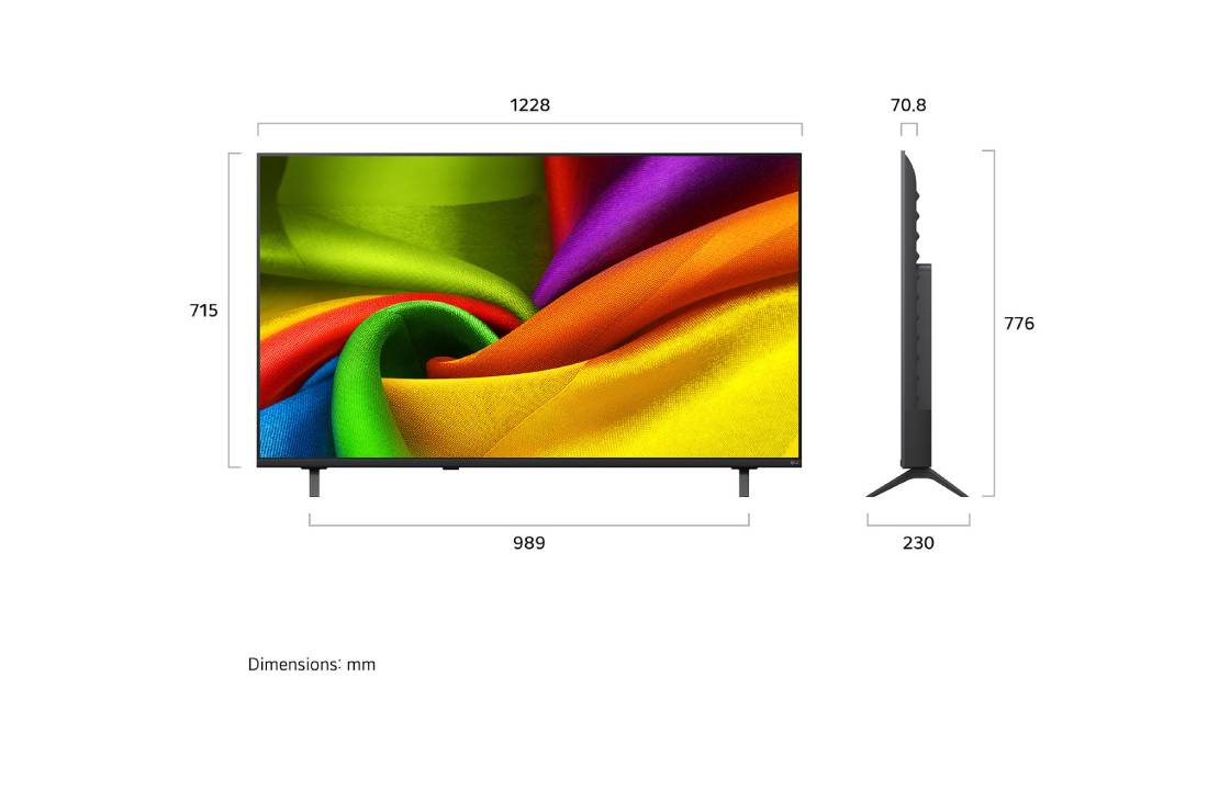 LG 55-дюймовый телевизор Smart TV LG NANO 4K UHD AI NU90 2026, LG NANO 4K UHD AI NU90, показанный спереди и сбоку, представляет собой 55-дюймовый дисплей с шириной экрана 1228 мм, высота экрана 715 мм, высота с подставкой 776 мм, глубина 70,8 мм, основание подста, 55NU900B6LA, thumbnail 2