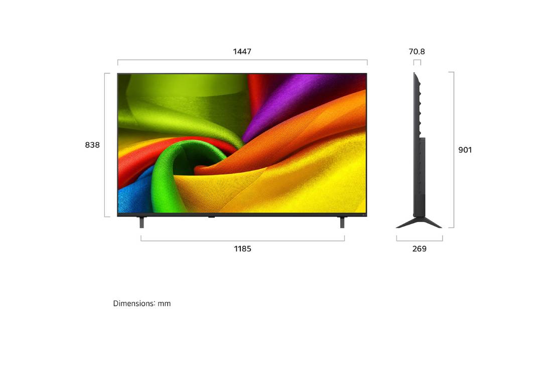 LG 65-дюймовый телевизор Smart TV LG NANO 4K UHD AI NU90 2026, LG NANO 4K UHD AI NU90, показанный спереди и сбоку, представляет собой 55-дюймовый дисплей с шириной экрана 1228 мм, высота экрана 715 мм, высота с подставкой 776 мм, глубина 70,8 мм, основание подста, 65NU900B6LA, thumbnail 2