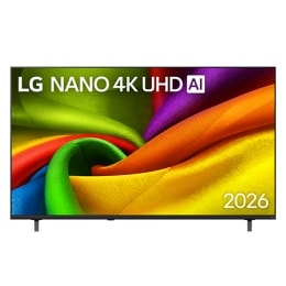 Вид спереди на LG NANO 4K UHD AI NU90, выпущенный в 2026 году: экран заполнен плавными слоями ярко окрашенных, тканеподобных текстур, а изогнутые многоцветные складки распространяются по всему дисплею2