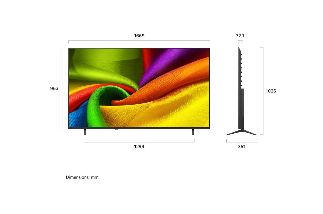 LG 75-дюймовый телевизор Smart TV LG NANO 4K UHD AI NU85 2026, LG NANO 4K UHD AI NU85, показанный спереди и сбоку, представляет собой 55-дюймовый дисплей с шириной экрана 1228 мм, высота экрана 715 мм, высота с подставкой 776 мм, глубина 70,8 мм, основание подста, 75NU850B6LA, thumbnail 2