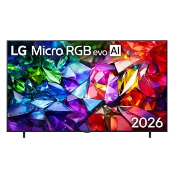 Вид спереди на телевизор LG Micro RGB evo ИИ+S28:S37 MRGB95 выпуска 2026 года: тонкая черная рамка на низкопрофильных ножках и яркое кристаллическое изображение с четко очерченными красными, зелеными 