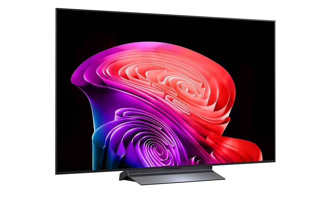 LG 55-дюймовый телевизор Смарт ТВ LG OLED AI C6 4K 2026, Телевизор LG OLED evo AI C6, показанный спереди и сбоку, оснащен 65-дюймовым дисплеем шириной 1441 мм, общая высота 826 мм, ультратонкий 45,1 мм (без подставки)., OLED55C6DLA, thumbnail 3