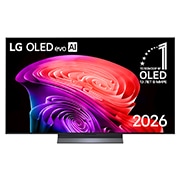 LG 55-дюймовый телевизор Смарт ТВ LG OLED AI C6 4K 2026, Фронтальный вид телевизора LG OLED evo AI C6, выпущенного в 2026&nbsp;году: тонкая черная рамка и яркий рельефный вихрь многослойных радужных тонов, перетекающий по экрану., OLED55C6DLA, thumbnail 1