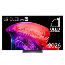 Фронтальный вид на телевизор LG OLED AI B6, выпущенный в 2026 году, отличается тонкой черной рамкой и ярким скульптурным изображением насыщенных многослойных разноцветных форм, заполняющих экран.2