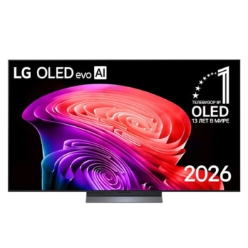Фронтальный вид на телевизор LG OLED AI B6, выпущенный в 2026 году, отличается тонкой черной рамкой и ярким скульптурным изображением насыщенных многослойных разноцветных форм, заполняющих экран.1
