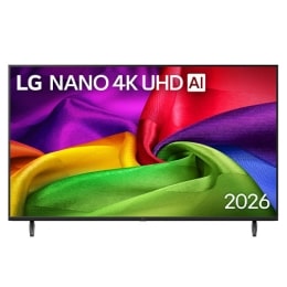 Вид спереди на телевизор LG NANO 4K UHD AI NU80, выпущенный в 2026 году, экран которого заполнен богато текстурированными слоями цвета, напоминающими ткань, где яркие разноцветные складки плавно переп2