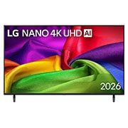 LG 50-дюймовый телевизор Smart TV LG NANO 4K UHD AI NU80 2026, Вид спереди на телевизор LG NANO 4K UHD AI NU80, выпущенный в 2026 году, экран которого заполнен богато текстурированными слоями цвета, напоминающими ткань, где яркие разноцветные складки плавно переплетаются по всему дисплею., 50NU800B6LC, thumbnail 1